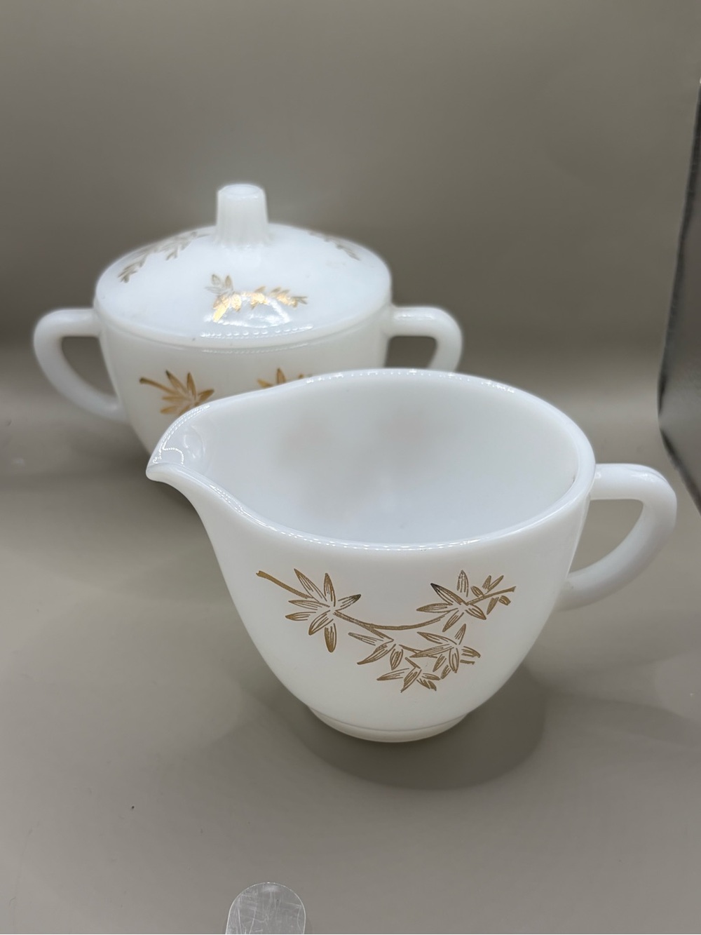 Vintage Fire King White Milk Glass Creamer and Sugar Set with Gold Leaf Pattern